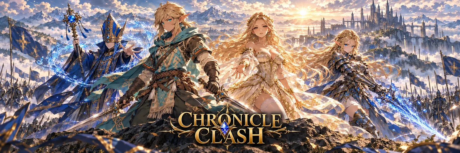 Chronicle Clash title artwork: a battle lineup of heroes in front of an army and a distant castle