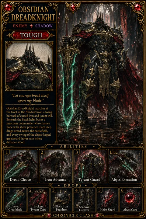 Chronicle Clash card art: Obsidian Dreadknight (Enemy card: Shadow)