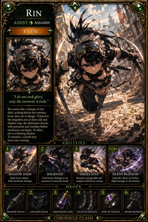 Chronicle Clash card art: Rin (Assist card: Assassin)