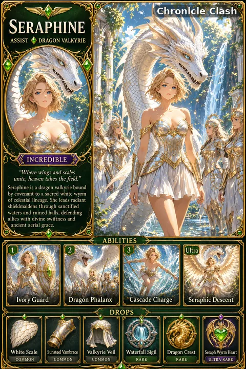 Chronicle Clash card art: Seraphine (Assist card: Dragon Valkyrie)