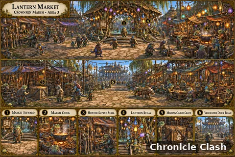 Chronicle Clash artwork: Panorama Crownfen Marsh Lantern Market Area 3
