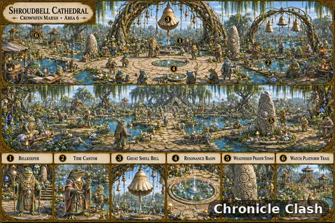 Chronicle Clash artwork: Panorama Crownfen Marsh Shroudbell Cathedral Area 6