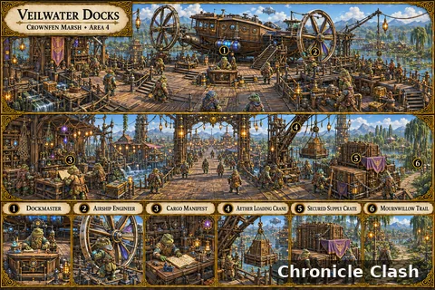 Chronicle Clash artwork: Panorama Crownfen Marsh Veilwater Docks Area 4